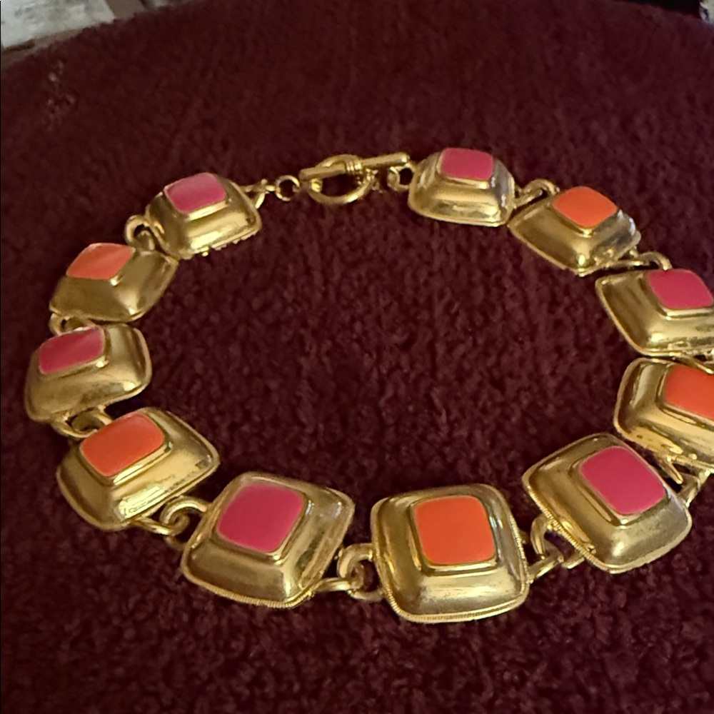 Gold and Pink-Orange Square Link Necklace